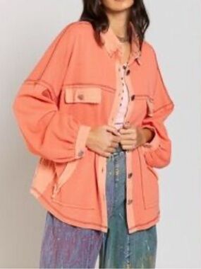 POL Shacket Oversized Button Coral Pink Top Boho Size Small Waffle Knit